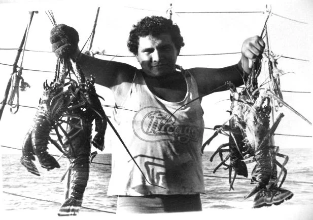 Marisqueiro segurando lagostas